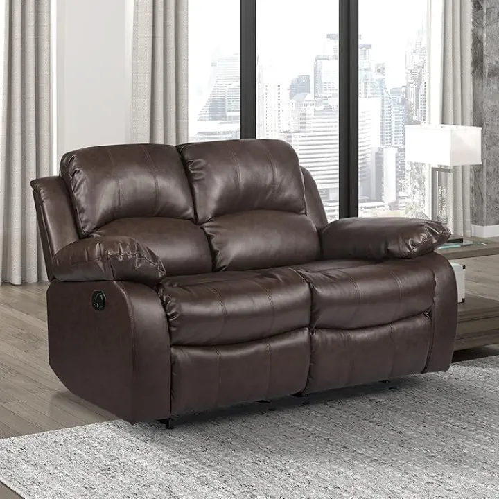Lexicon Humphreys Loveseat Recliner - Soft Faux Leather Double Reclining Sofa, Manual Pull Tab, Wall Hugger, High-Density Foam, Solid Wood Frame, Easy Assembly, 62.5" W, Living Room, RV - Brown