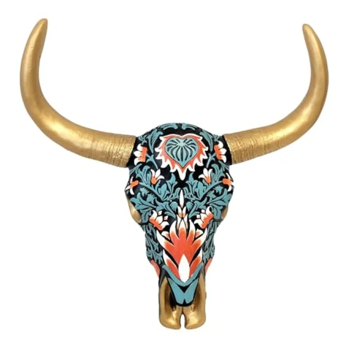 BestGiftEver Southwestern Bull Head Skull Wall Art with Floral Paint - Colorful Tribal Bull Steer Cow Skull Wall Hanging Art Decoration with Gold-Tone Painted Horns