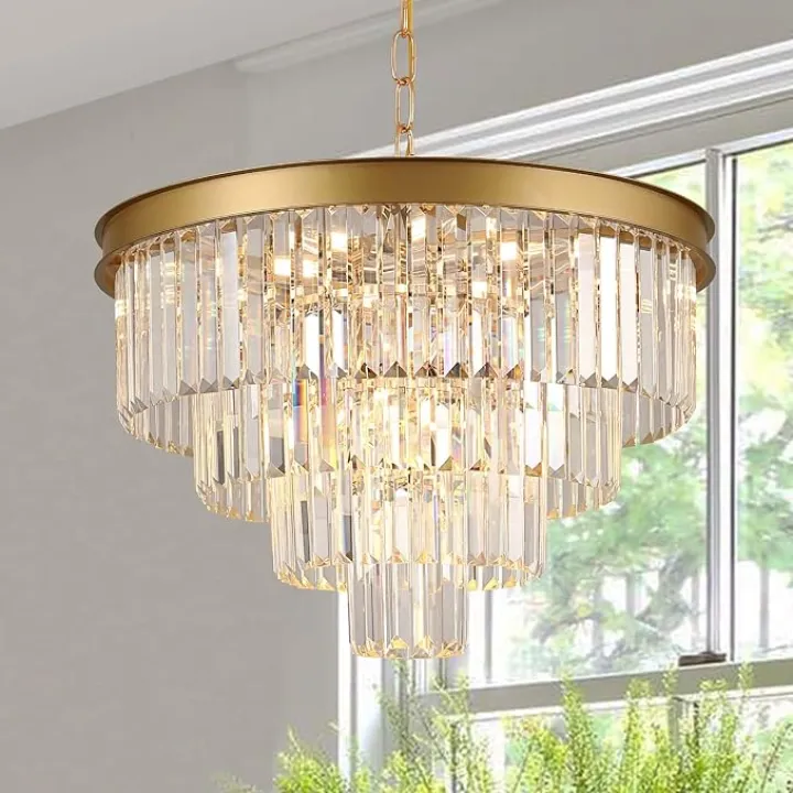 Modern Crystal Chandeliers Gold 24” Round Chandelier for Dining Room 12 Light Ceiling Pendant Light Fixture Raindrop Luxury Gold Flush Mount Chandelier for Entryway Living Room