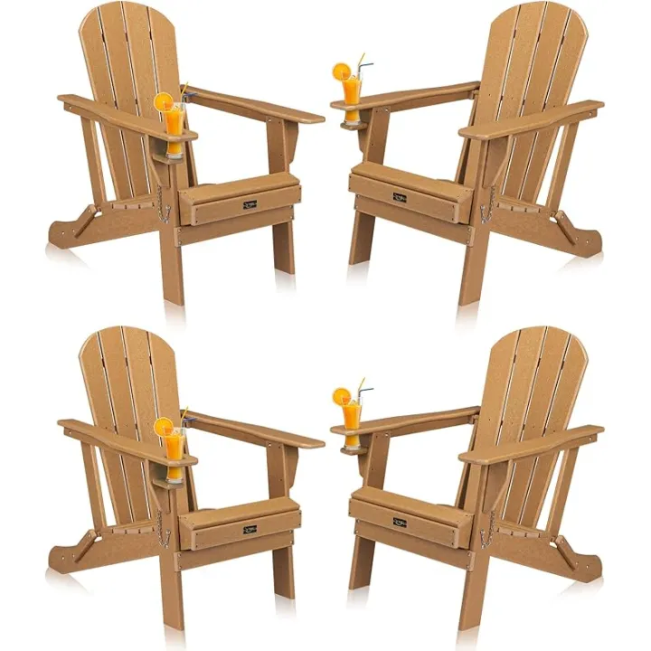 VINGLI Plastic Adirondack Chairs Set of 4, Folding with Cup Holder, Waterproof HDPE Material, Comfortable 380lb Weight Capacity for Outdoor Pool Patio Lounge Chair Lawn Furniture Firepit (Teak)