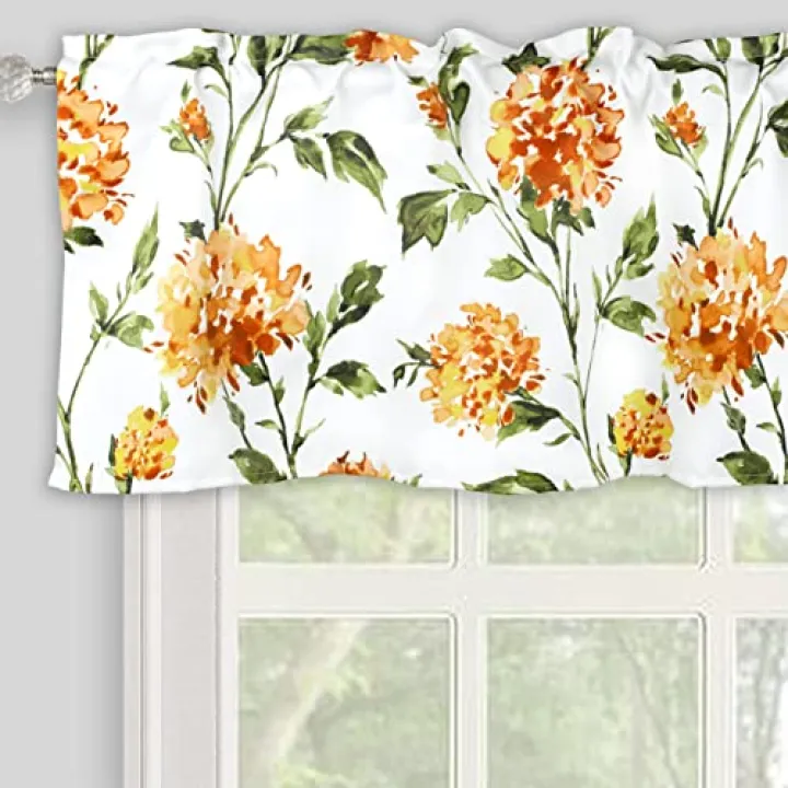 Inselnwald Watercolor Flowers Valances for Windows Thanksgiving Fall Kitchen Valances, Hydrangea Floral Window Treatment for Living Room Bathroom Short Topper Curtains Rod Pocket 52" x 18", Orange