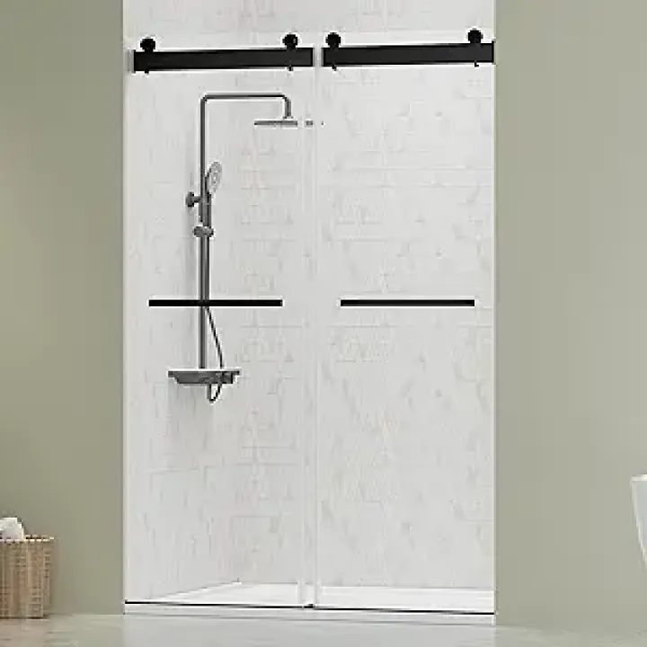 DELAVIN 44"-48"W x 75"H Frameless Shower Door, Double Sliding Shower Door, 5/16"(8mm) Clear Tempered Glass, Noiseless Shatterproof Shower Doors with Square Rail, Stainless Steel, Aluminum, Matte Black