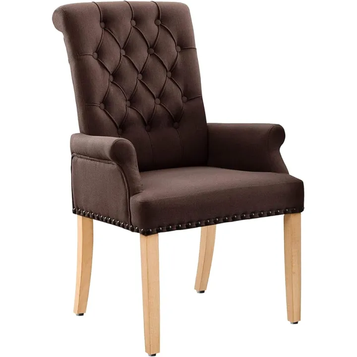 Fabric Dining Chairs, Upholstered Tufted Armrest Chairs, Accent Chairs with Nailhead Trim, Solid Wood Legs for Home, Kitchen Living Room, Brown