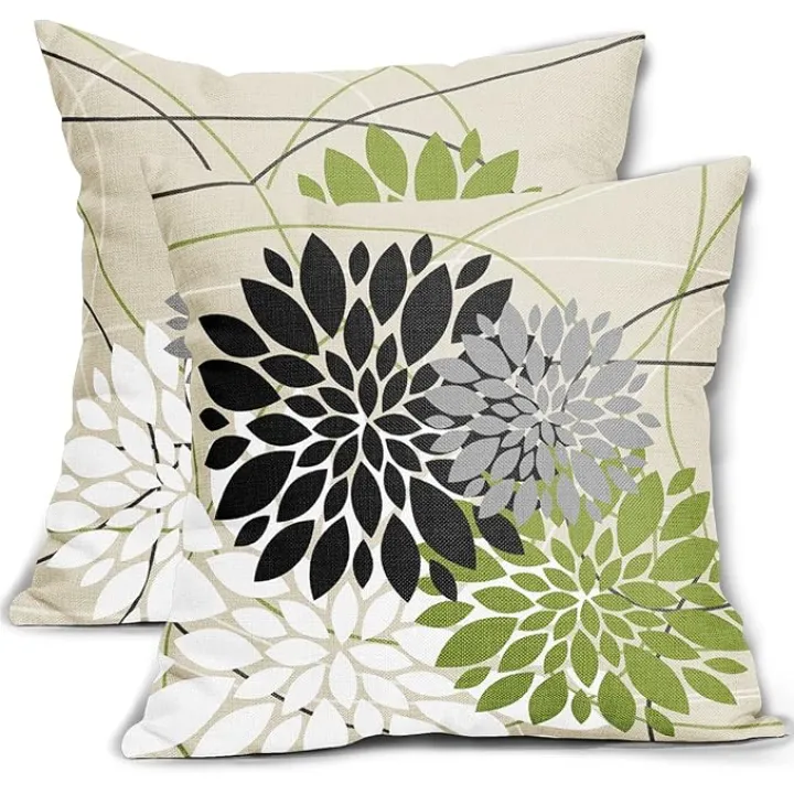 Black Green Pillow Covers 18x18 Inch Dahlia Flower White Gray Elegant Colored Throw Pillows Farmhouse Outdoor Decor for Home Living Room Sofa Bed Modern Floral Linen Square Cushion Case, Set of 2