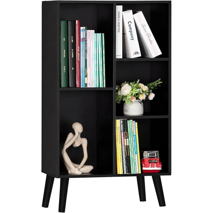 YAHARBO Small Black Narrow Bookshelf,3 Tier Modern Bookcase with Legs,Bookshelves Wood Storage Shelf,Rustic Book Shelves Cube Organizer,Display Bookcase