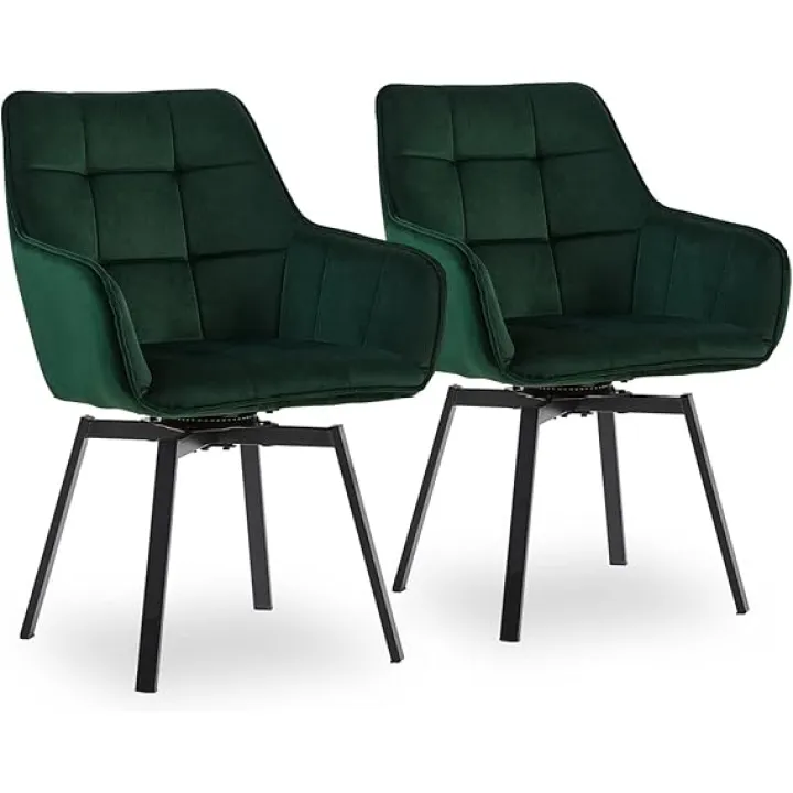 CLIPOP Swivel Modern Chair, Swivel Kitchen Dining Chairs set of 2, Velvet Dining Chair with Arm, Sturdy Metal Leg, Mid Back, Upholstered Seat, Desk Accent Chair No Wheels for Bedroom, Reception, Green