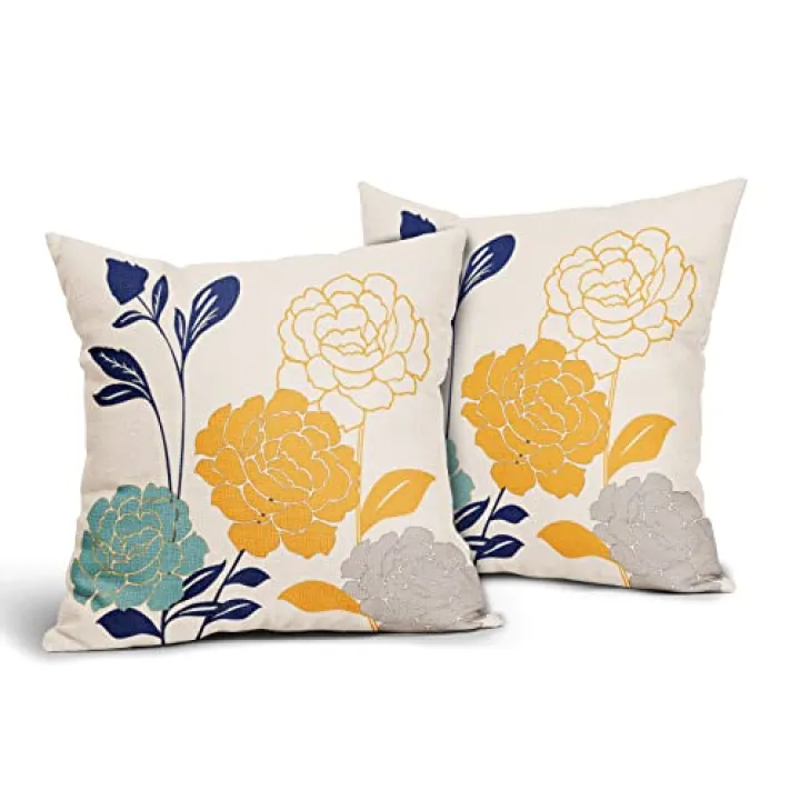 Flowers Outdoor Pillow Covers 18x18 Set of 2, Teal Grey Mustard Yellow Floral Decorative Throw Pillows Cover,Spring Summer Navy blue Leaf Linen Square Pillowcase Decor Gifts for Home Patio Couch Sofa