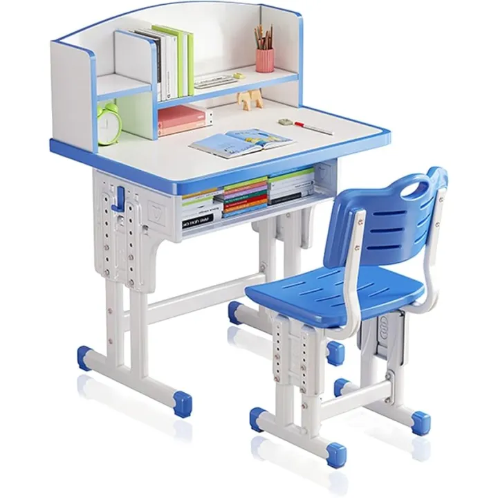 Kids' Study Desk Chair Sets, Blue, Adjustable Height, Ergonomic Design, with Large Storage Drawer and Bookshelf, Suitable for Ages 3-18
