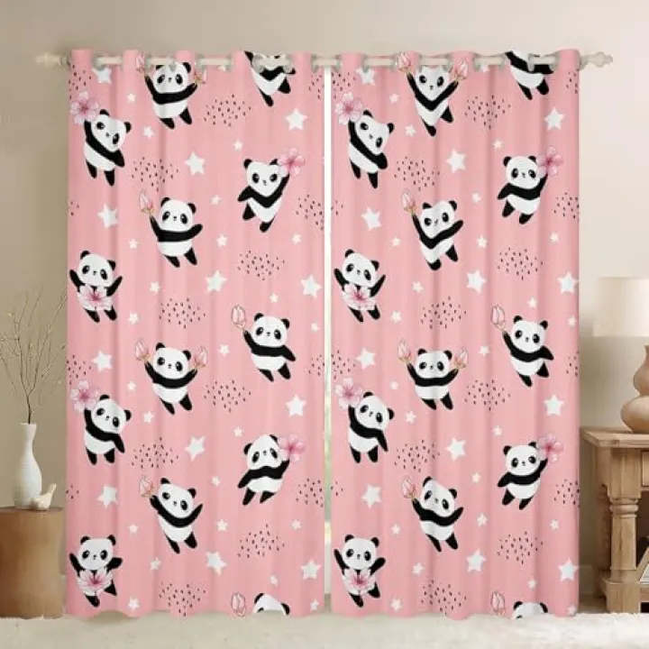 Erosebridal Kawaii Panda Curtains & Drapes for Girls Pink Cherry Blossom Curtains Stars Blackout Curtains 84Wx90L Cute Dots Window Treatments Lovely Bear Animal Window Curtains