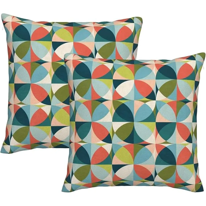 Geometric Mid Century Modern Colors Throw Pillow Covers Decorative Linen Pillow Cases Set of 2 Square Cushion Cover for Couch Sofa Bedroom Patio 18x18 Inch