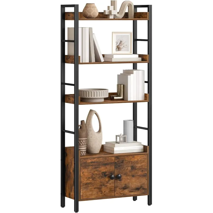 HOOBRO 4-Tier Bookshelf with Doors, Industrial Wooden Bookcase with Storage, 23.6"L x 9.4"W x 60.6"H, Storage Shelf with Protective Rails, for Living Room, Home Office, Rustic Brown and Black BF46SJ01