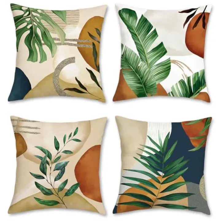 Bonhause Boho Abstract Tropical Leaves Pillow Covers 18x18 Set of 4 Mid Century Modern Decorative Pillows Case Soft Velvet Outdoor for Couch Sofa Bed Home Decor