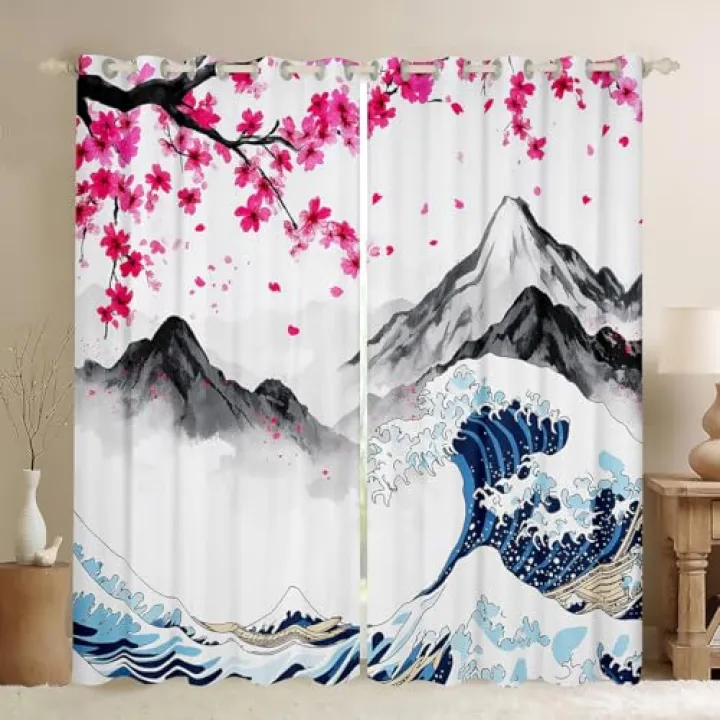 Erosebridal Japanese Style Blackout Curtains Pink Cherry Blossom Curtains & Drapes,Ocean Wave Curtains 76Wx45L Fuji Mountain Window Drapes,Japanese Ukiyoe Theme Window Treatments
