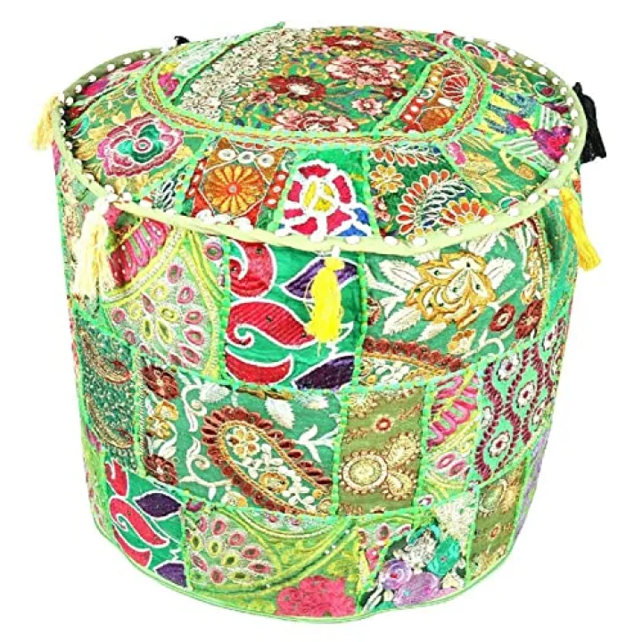 Bohemian Patchwork Pouf Cover Ottoman Ethnic Decor Indian Pouffe Foot Stool