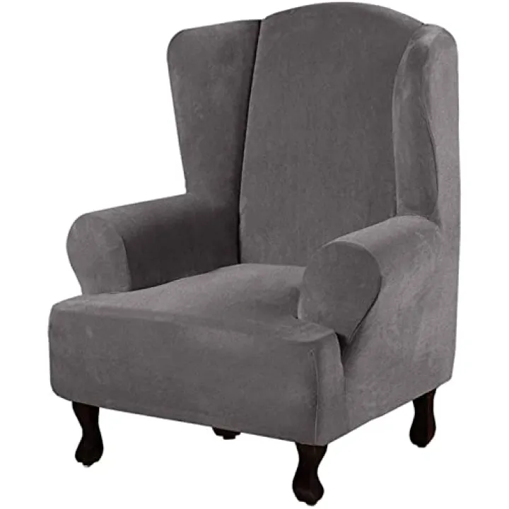 Konsilsa Velvet Wingback Chair Slipcover, Stretch 1 Piece Wing Chair Covers Armchair Cover Wingback Chair Covers Furniture Protector (Color : Grey, Size : Wing Chair)