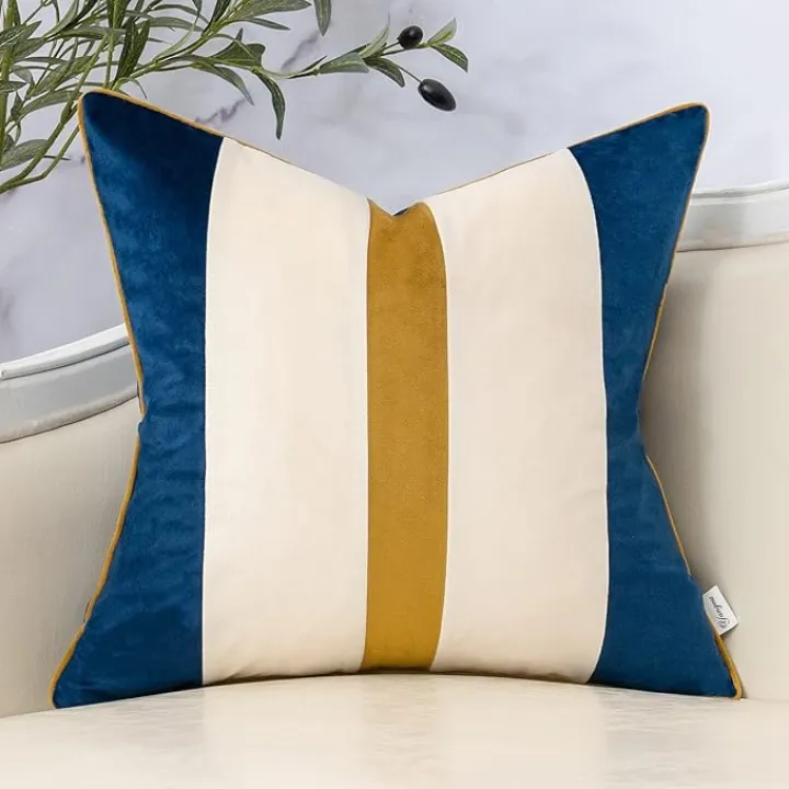 Yangest Navy Blue Patchwork Throw Pillow Cover Striped Velvet Cushion Case Modern Neutral Pillowcase for Sofa Couch Bedroom Living Room Home Decor,18x18 Inch