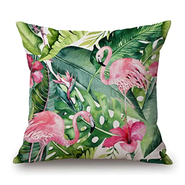 Solekla Tropical Throw Pillow Cover, Flamingo Pillow Cover, Botanical Decorative Pillow Case, Green Cushion Cover for Sofa Couch Chair Bed, 18 x 18 Inches