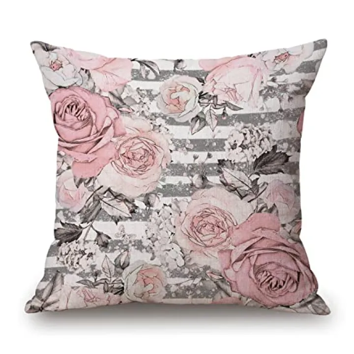 Pink Gray Floral Flower Rose Pillow Cover Blossoming Spring Pretty Watercolor Beautiful Elegance Rustic Leaves Nature Plant Square Decorative Throw Pillow Case Cushion Cover 18 x 18 inch