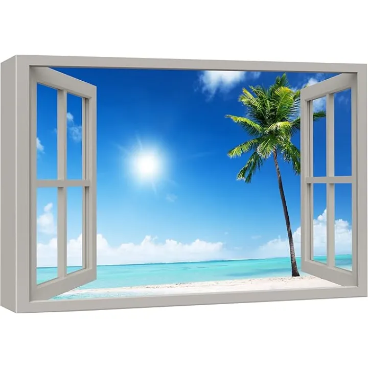 wall26 Canvas Print Wall Art Sunshine Sunlight Tropical Island Ocean Beach Nature Wilderness Photography Realism Decorative Landscape Colorful Window View for Living Room, Bedroom, Office - 16"x24"