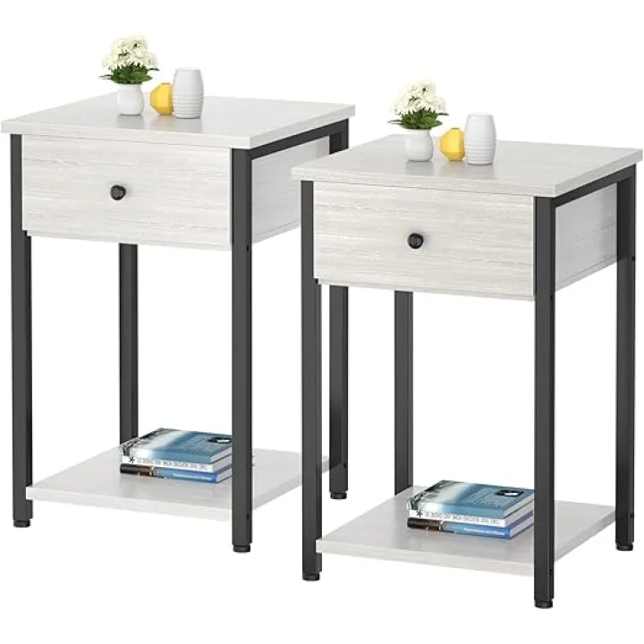 Ecoprsio Nightstand Set of 2 Modern End Table Side Table with Drawer and Storage Shelf Wood Night Stand Greige Bedside Table for Bedroom, Living Room, Sofa Couch, Hall, Easy Assembly, Greige