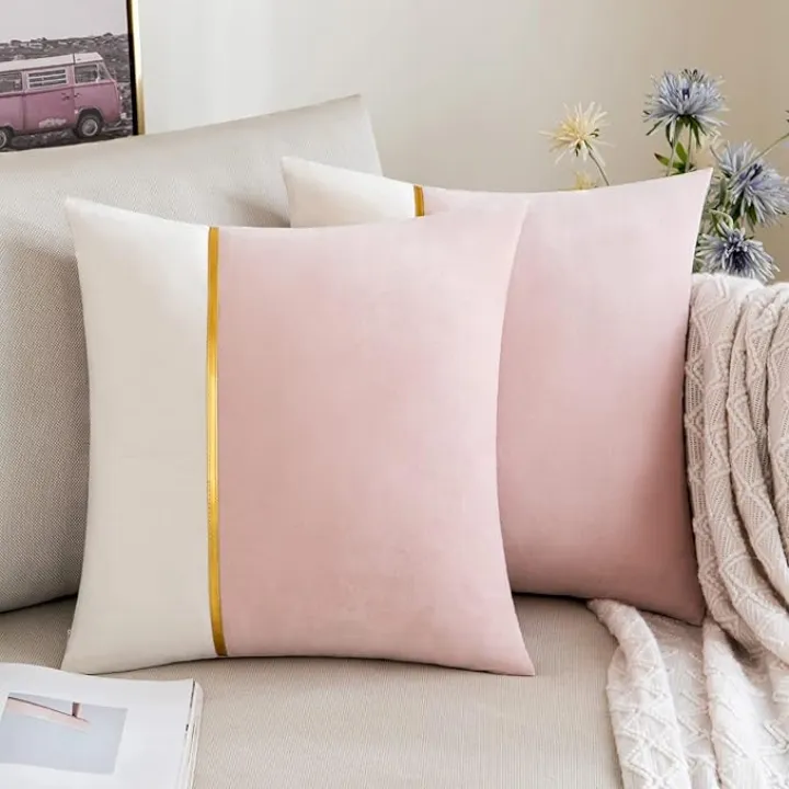 ANRODUO Pack of 2 Pink Throw Pillow Covers Decorative Velvet Patchwork with Gold Leather Pillowcase Soft Solid Decoration Cushion Case Square for Couch Sofa Living Room Fall Room Decor 18x18 Inch