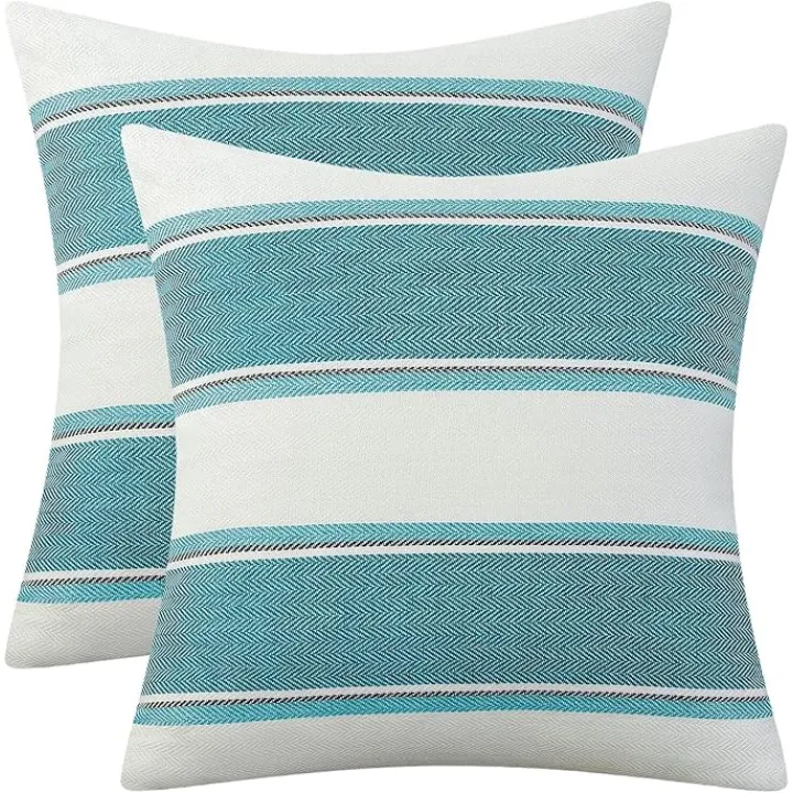 AmHoo Pack of 2 Farmhouse Linen Throw Pillow Cover Cushion Stripe Decoration Buffalo Retro Pillowcase with Hidden Zipper for Sofa Bedroom Car 22 x 22 Inch Teal