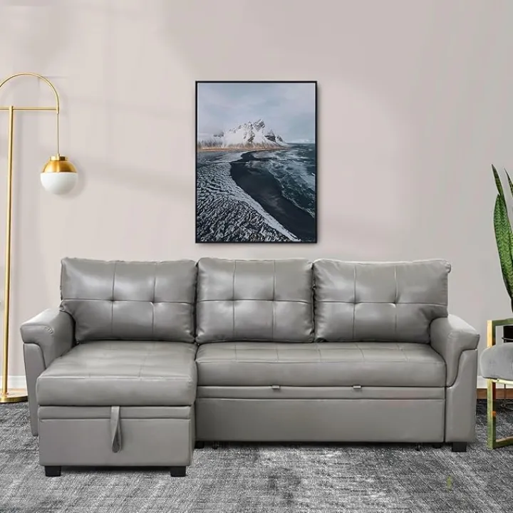 Naomi Home Transform Any Space: Sleeper Sectional Sofa with Convertible Sofa Bed & Inviting Chaise. Find Tranquil Comfort with Stress-Relieving Design & Durable Cushions - Gray/Air Leather