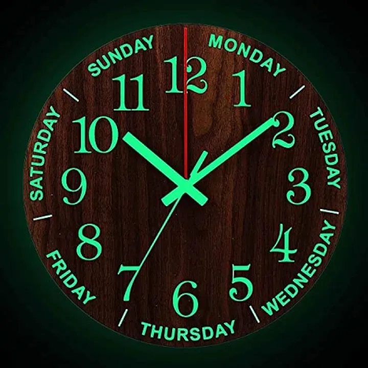 Zicobox 12 Inch Luminous Wall Clock - Silent Wooden Design Night Lights - Round Wall Clock for Bedroom Bathroom Kitchen Living Room - Battery Not Included