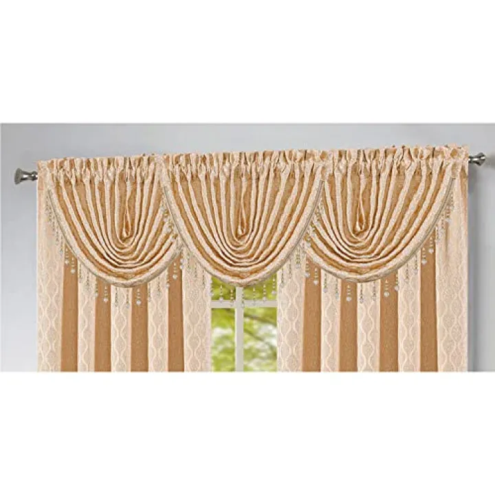 PREMIUS Robin Jacquard Rod Pocket Window Panel and Valance Treatments, Geometrical Pattern with Topping Curtain Drape Set for Home Space All Sold Separately (Beige, Valance - 48"X37" Inches)