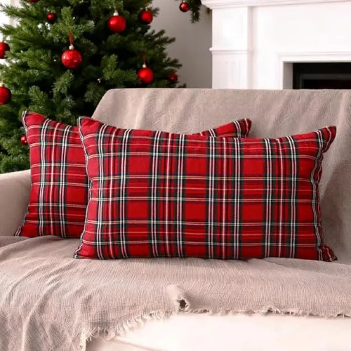 CARRIE HOME Red Tartan Plaid Christmas Lumbar Pillow Covers 12x20 Set of 2 Red Scottish Xmas Lumbar Throw Pillows Traditional Christmas Decor for Living Room Couch Sofa