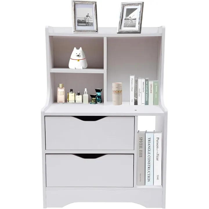 Tall White Nightstand with 2 Drawer and Book Shelf, Bedside Dresser Tables Cabinets Night Stand for Bedrooms, Wood Storage Cabinet Bed Night Table Nightstands Nighttable