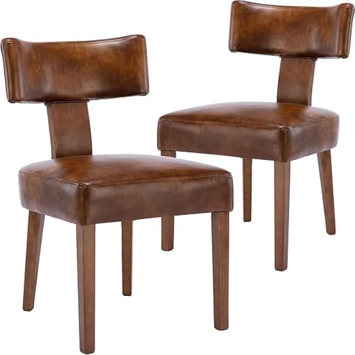 Wahson Farmhouse Kitchen & Dining Room Chairs Set of 2, Retro Faux Leather Upholstered Dining Chair with Hardwood Legs, Brown