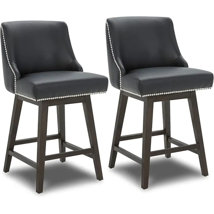 CHITA Counter Height Swivel Barstools, FSC Certified 26" H Seat Height Upholstered Bar Stools Set of 2, Faux Leather in Black