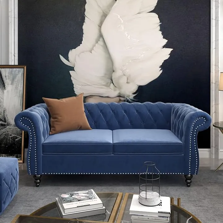 3 Piece Living Room Set, Velvet Chesterfield Sofa Loveseat Couch Chair with Scroll Arms and Nailhead for Living Room, Office (Blue)