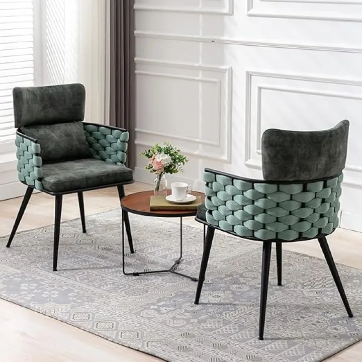 BFZ Mid-Century Modern Dining Chairs Set of 2, Handmade Woven Kitchen Chairs, Upholstered Velvet Dining Chairs with Metal Legs for Kitchen, Dining Room, Living Room