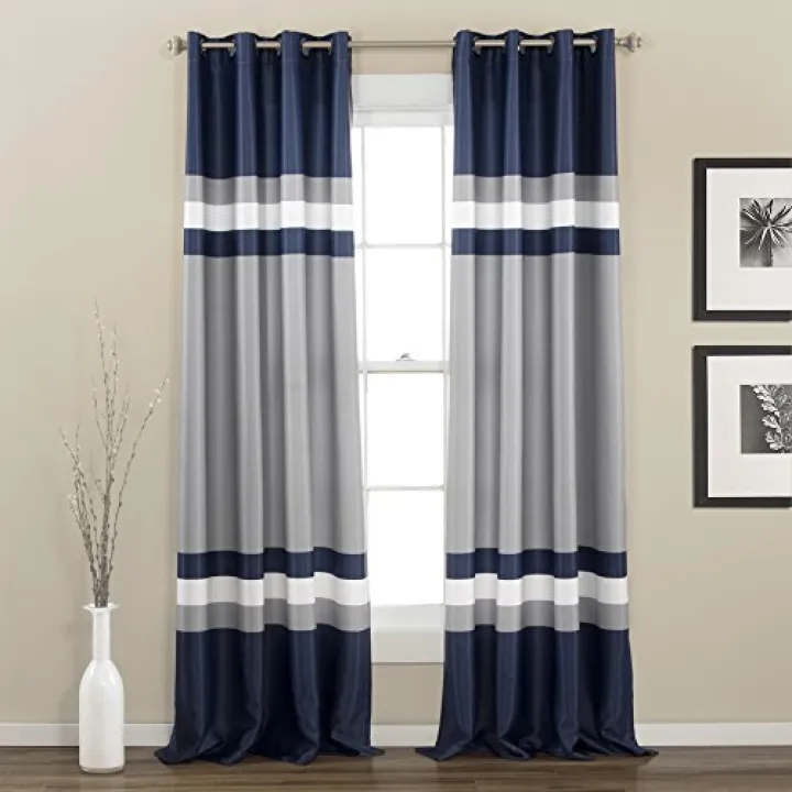 Lush Decor Alexander Stripe Light Filtering Window Curtain Panel Pair, 52"W x 108"L, Navy