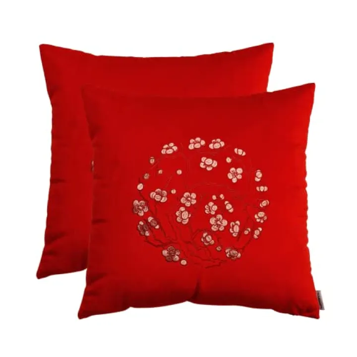 Wintersweet Velvet Throw Pillow Case Cushion Cover, Flower Embroidered, Oriental Chinese, Lunar New Year Christmas Holiday Home Decor, 20x20 in, 2 pk