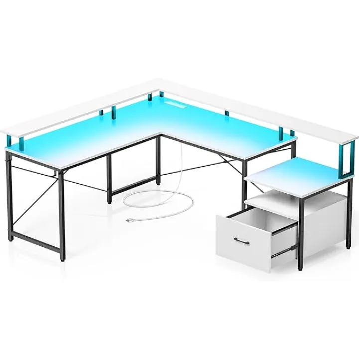 Rolanstar Computer Desk with File Drawer, 64" L Shaped Desk with Power Outlet & LED Strip, L Shaped Computer Corner Desk with File Cabinet, Gaming Desk with Monitor Shelf, Home Office Desk, White