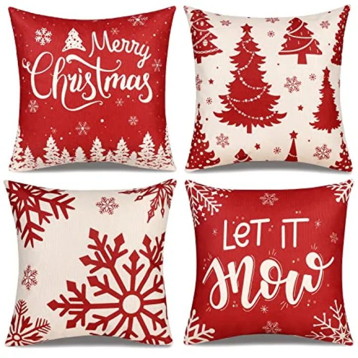 ButyHome Christmas Pillow Covers 16x16 Set of 4 Red Throw Pillowcase Christmas Decorations Snowflake Farmhouse Linen Cushion Pillow Case for Home Decor Holiday Decorative