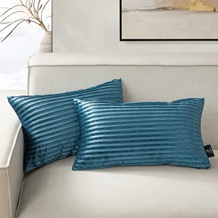 Phantoscope Pack of 2 Velvet Decorative Throw Decorative Pillow Cover Crushed Velvet Handmade Pleated Design Soft Solid Square Pillow Case for Couch Bed and Chair Lake Blue, 12 x 20 inches 30 x 50cm