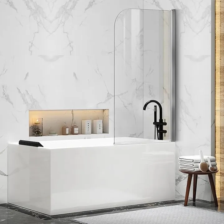 Shower Frameless Glass Door for Bathtub, 30”×55” Hinged Tub Shower Screen, Tempered Glass Tub Door, Chrome Pivot Bathroom Shower Door Panel