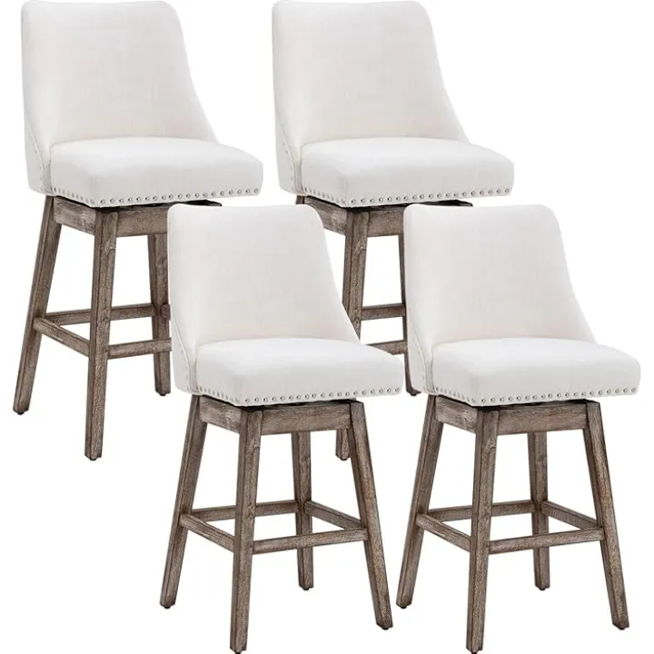 Kmax Fabric Counter Height Bar Stools Swivel Farmhouse Bar Stools with Wood Legs Nailhead Footrest for Kitchen Island, Set of 4- Cream