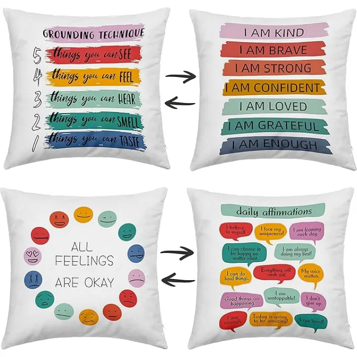 Dibor Inspirational Grounding Technique All Feelings are Okay Reversible Throw Pillow Covers 18x18 in Set of 2,Home Mental Health Therapist Office Decorative Cushion Covers, Therapist Gifts for Women