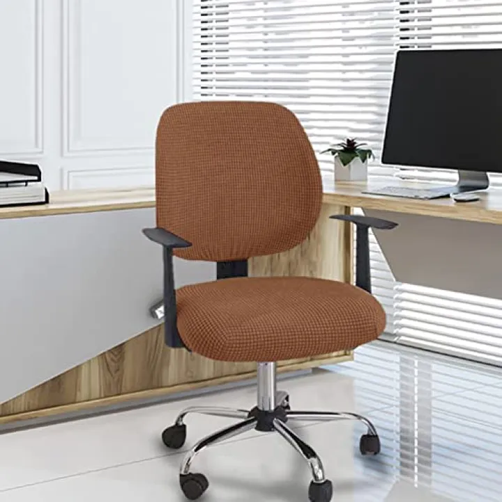 YOPOIY 2 Piece Office Chair Cover, Split High Stretch Computer Chair Slipcover Universal Boss Chair Slipcovers Jacquard Rotating Chair Seat Cover -Coffee-One Size