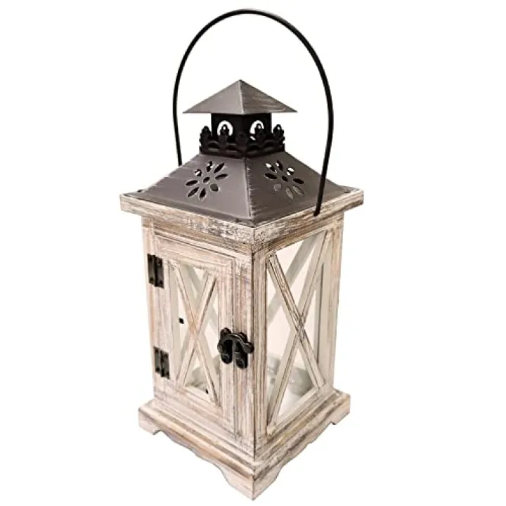 Vintage Wooden Decorative Lantern Candle Holder Rustic Farmhouse Wedding Centerpiece Lantern for Table Mantle Wall Hanging Display Party Home Decor Indoor Outdoor X'Mas (Style 2)