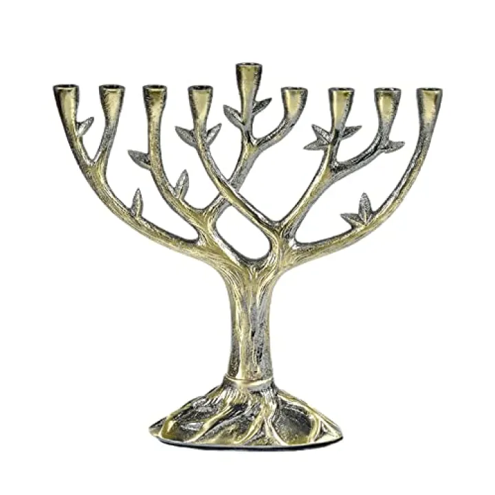 Rite Lite Hanukkah Tree of Life Menorah 9 Branch Candle Holder - Tall Textured Antiqued Bronze & Silver Finish Jewish Candlestick Display for Chanukah Traditional Living Room Decor Gifts 8.5"