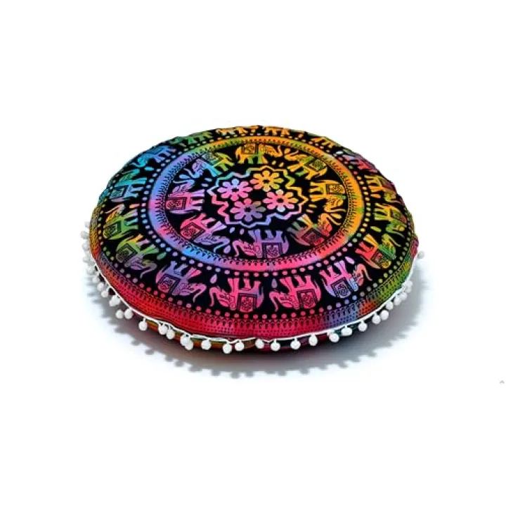 Round Mandala Floor Pillow Cover Seating Cushion Throw Cover Hippie Decorative Bohemian Ottoman Pouf Cover, Pom Pom Pillow Cases,Boho Indian 22 Inches (Multi Up hathi)
