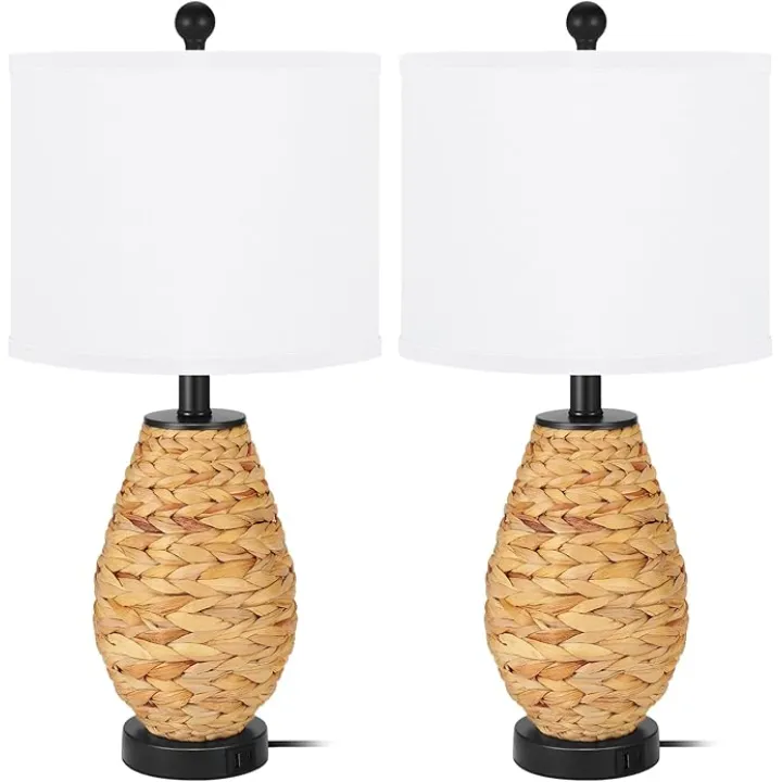 Coastal Table Lamps Set of 2, Retro Natural Seagrass Rattan Woven 24" Bedside Lamp, for Bedroom Living Room Home Nightstand Table Lamp(with USB C+A 5V 2.1A Charging Ports)