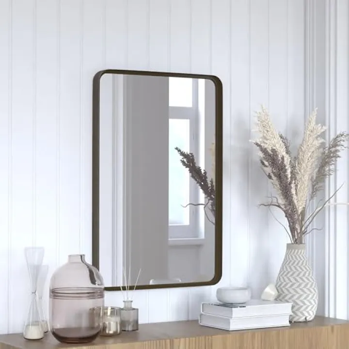 Flash Furniture Janinne Rectangle Wall Mirror - Brushed Bronze Accent Mirror - 20" x 30" Vanity Mirror - for Bathroom, Vanity, Entryway, Dining Room, & Living Room