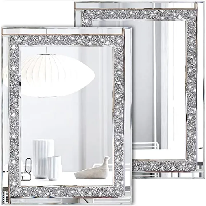 Meetart Crystal Crush Diamond Silver Mirror 11'' x 15''2 PCS, Frameless Stylish Gorgeous Diamond Decor Glam Glass Mirror. for Bedroom Bathroom Hanging Mirror Home for Wall Decor.